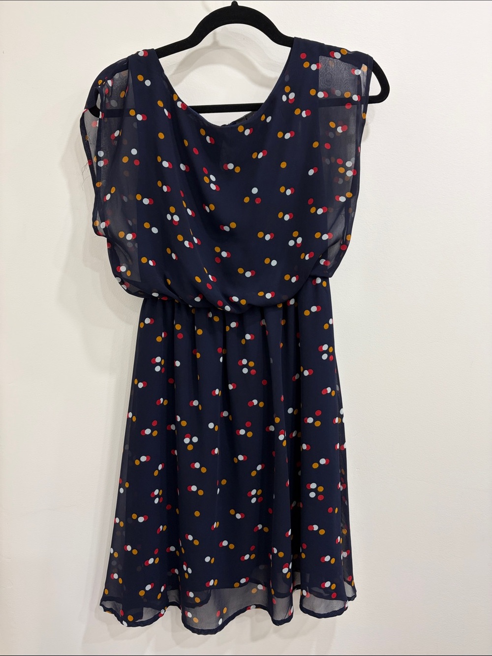 Fun & Flirt Navy Midi Dress with Red, Yellow & White Dot Print